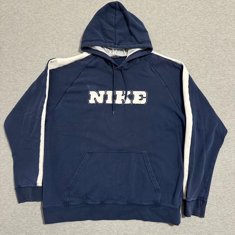 Nike Vintage Y2K Pullover Hoodie Embroidered Logo Side Stripe Navy Blue Mens XL
